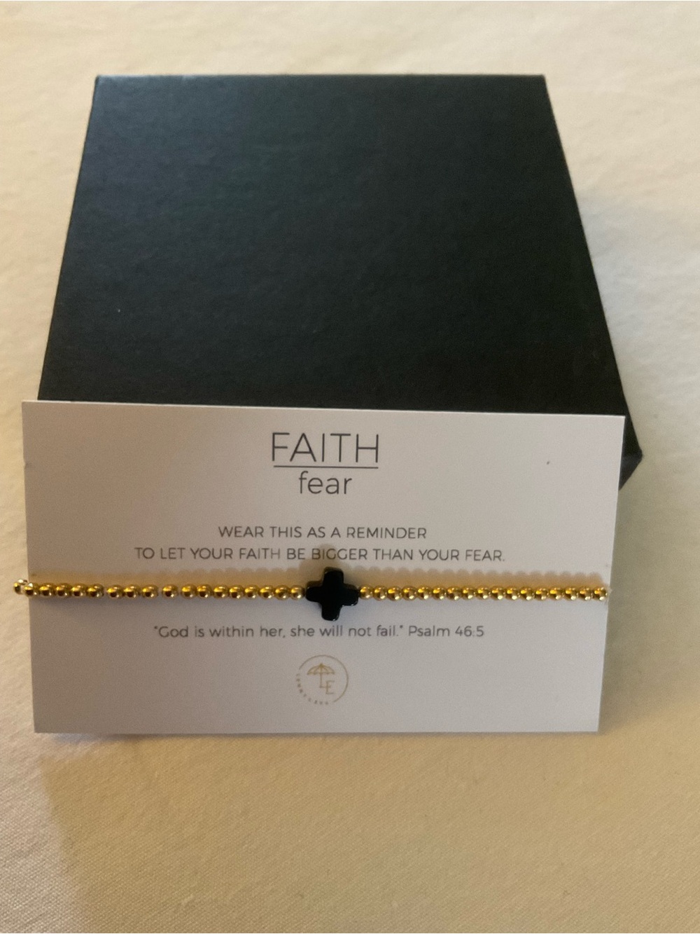 Faith Fear Gold Beaded Bracelet with Black Cross Charm